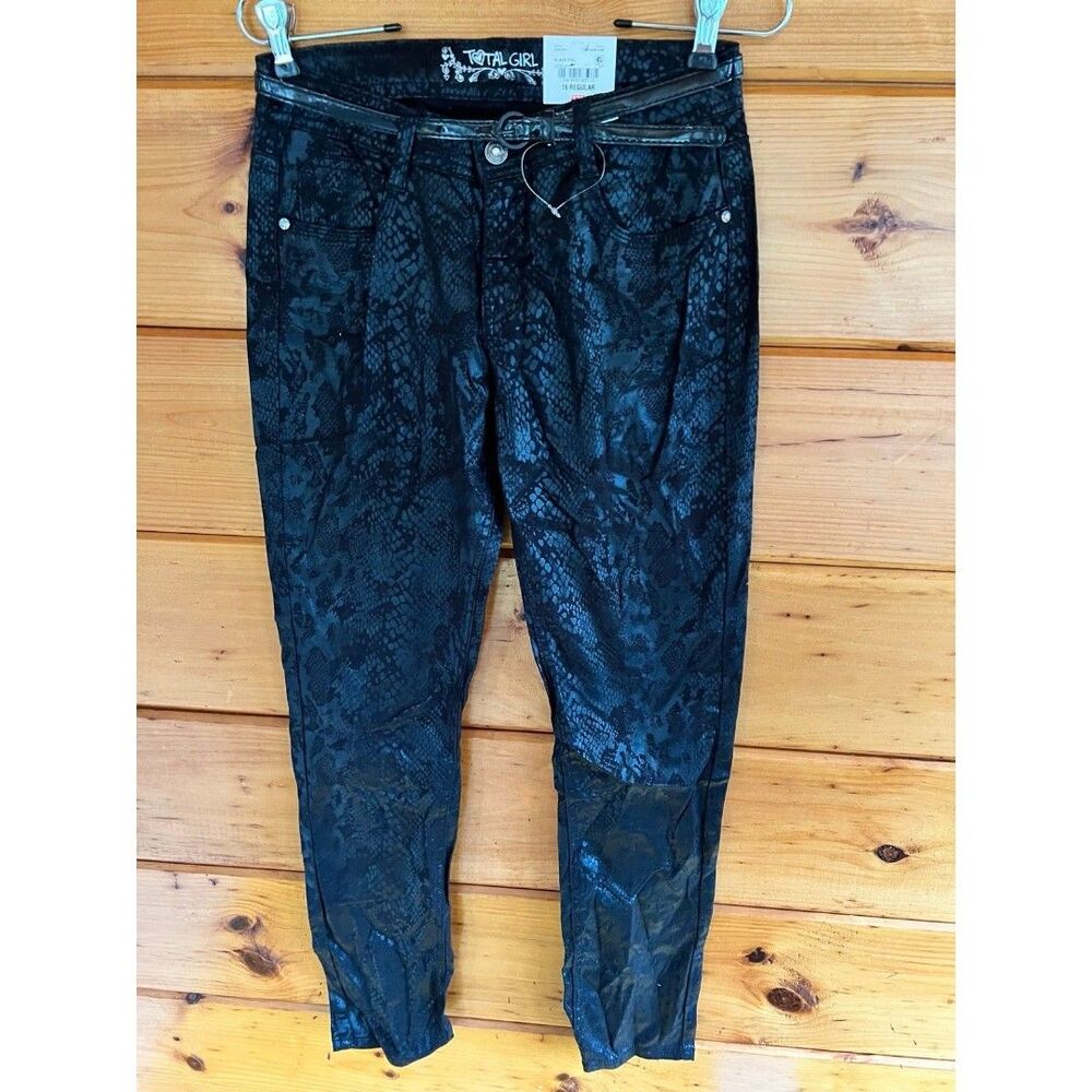 Total girl Shiny Black Foil Snak Skinny Embellished adjustable Waist Pants16